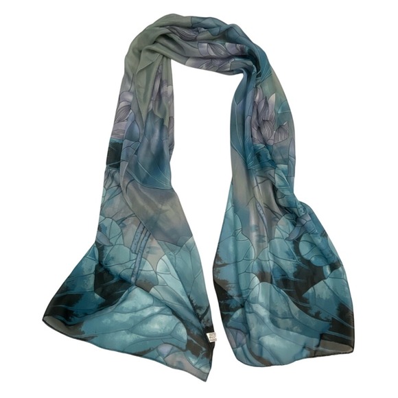 Unbranded Accessories - Blue Lotus Leaf Floral Print Sheer Lightweight Rectangular Scarf Wrap 18x58